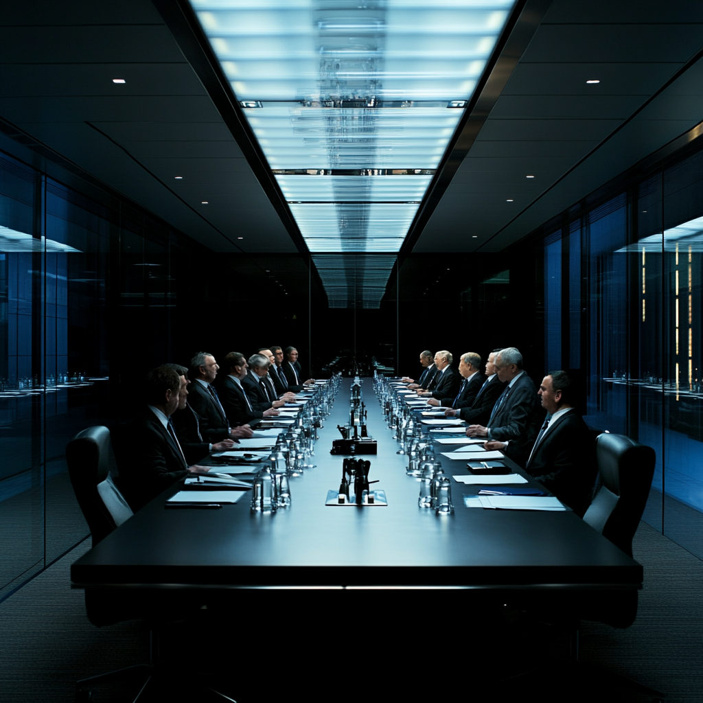 Well lit boardroom with executives in black suits.