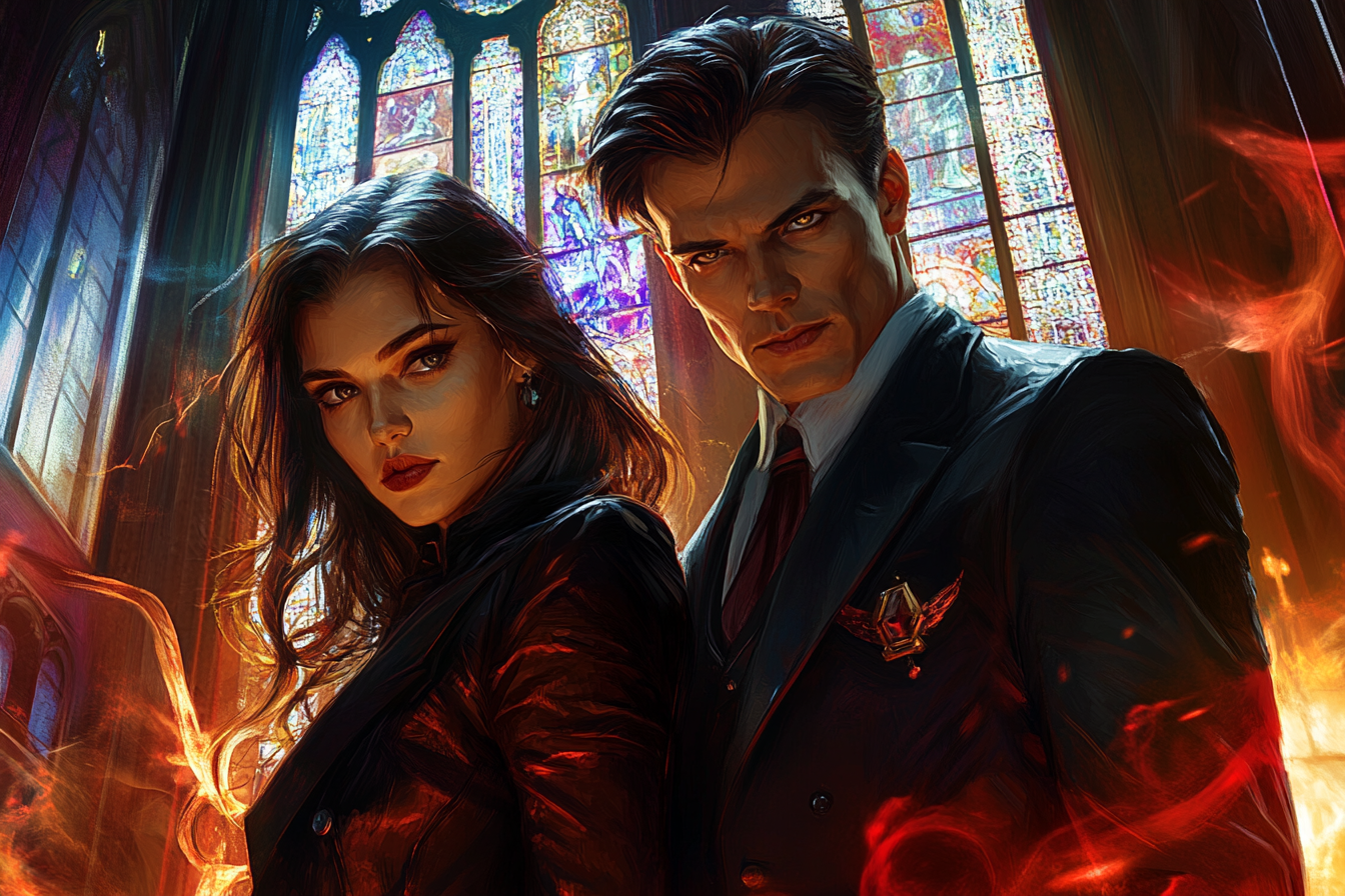 Werewolf woman and vampire professor in gothic academy.