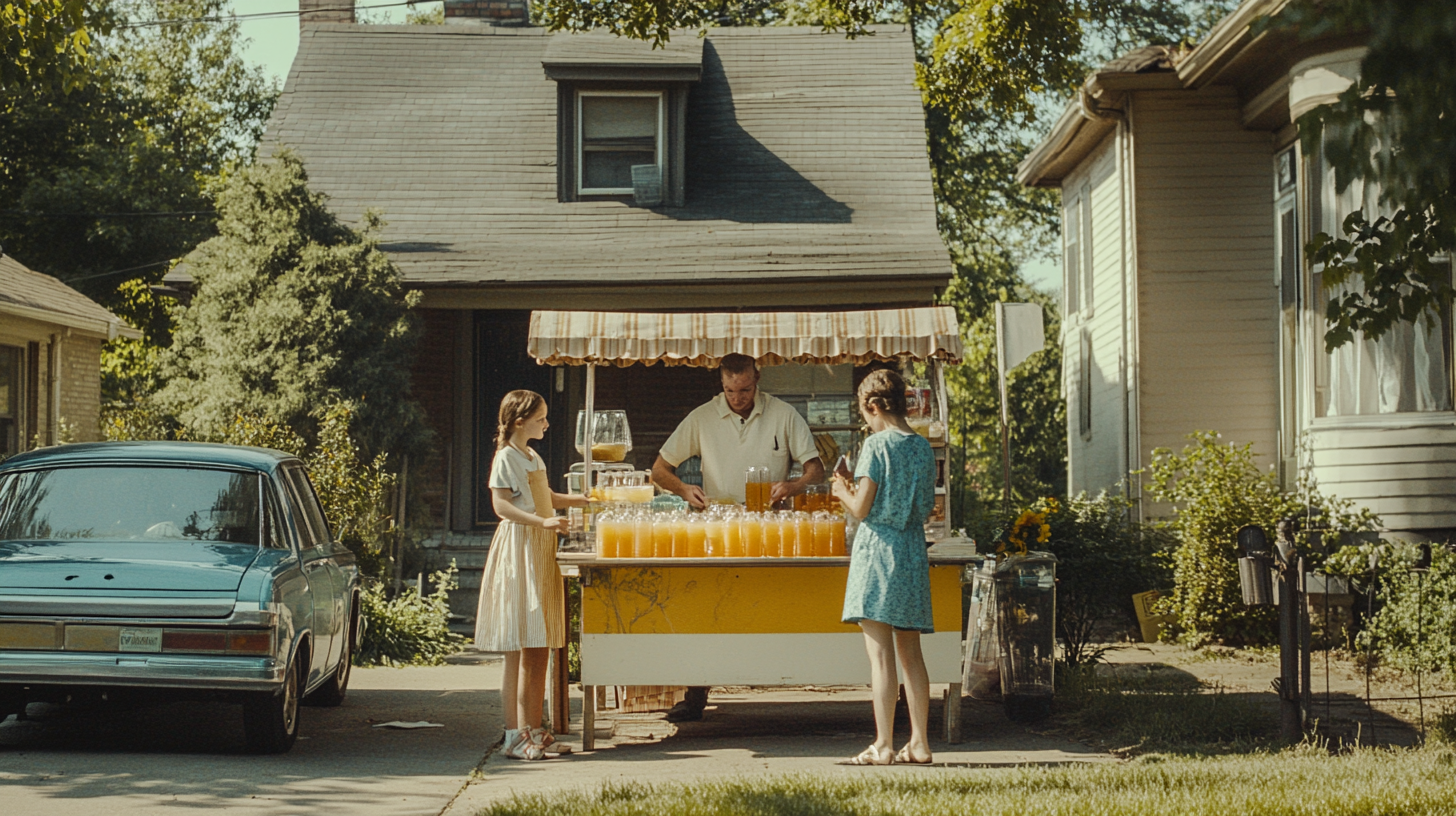 Wes Anderson style lemonade stand with young girl serving.