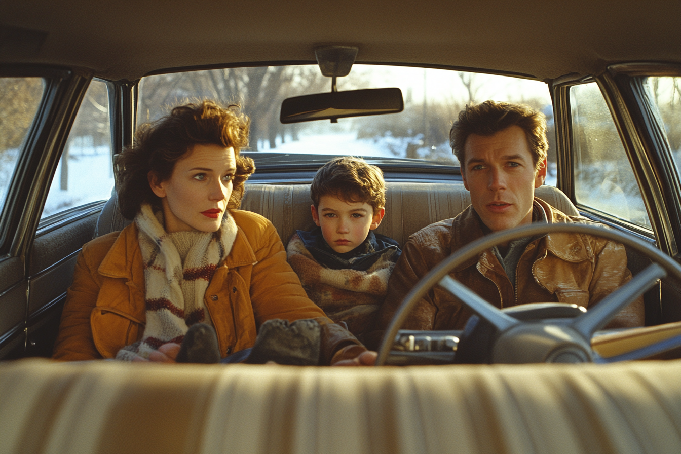 Wes Anderson-style shot of parents with son in car.