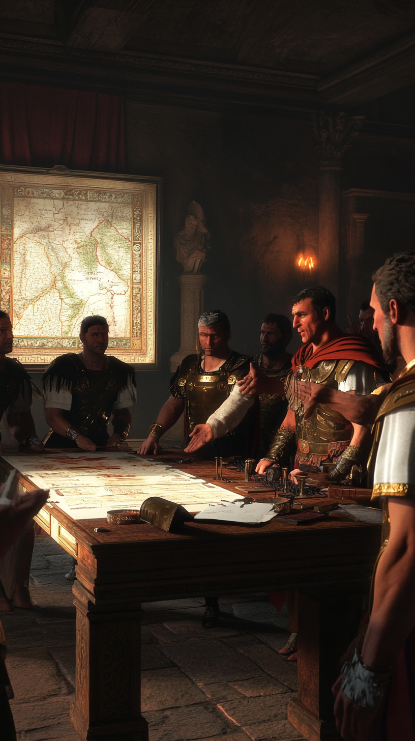 West Roman officials conspiring, wearing togas, military attire.