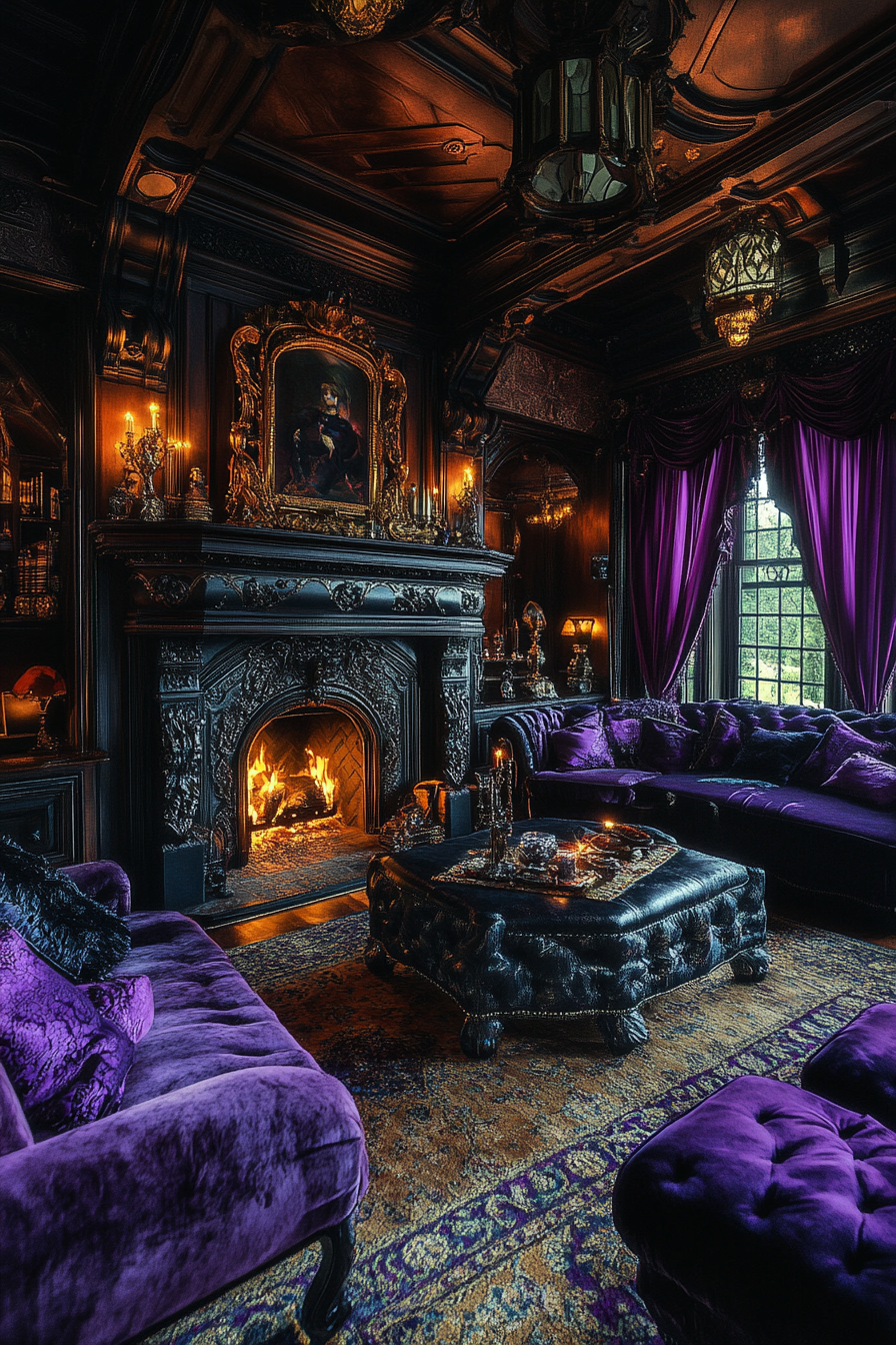 Western Gothic Living Room with Dark Colors and Luxurious Textures.