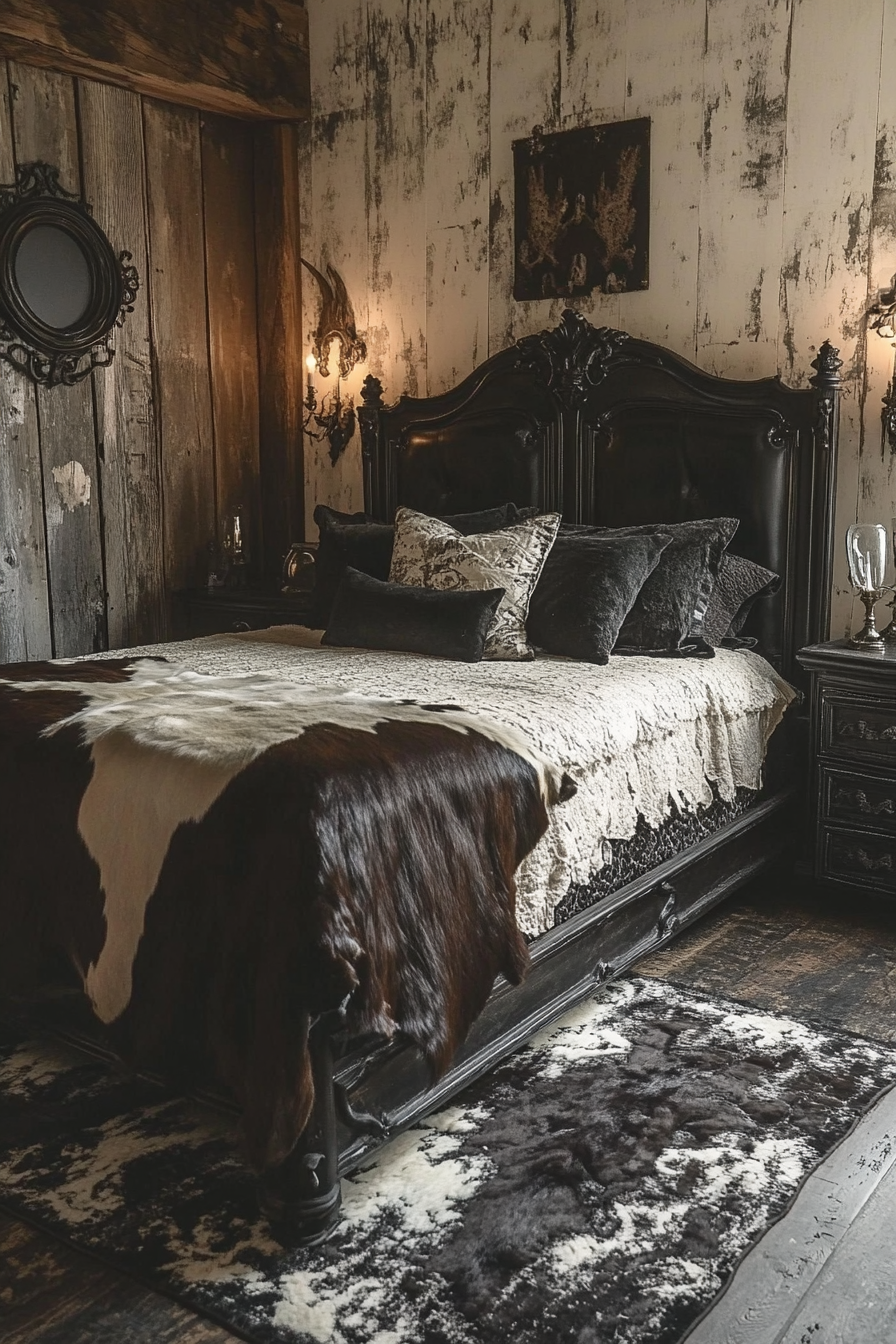 Western Gothic bedroom with mystical and rustic elements. Organized.