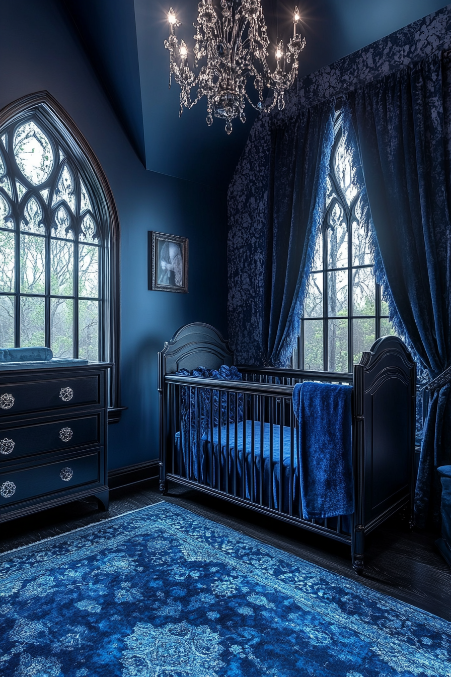 Western Gothic nursery inspired by Sapphire Sanctum, regal environment