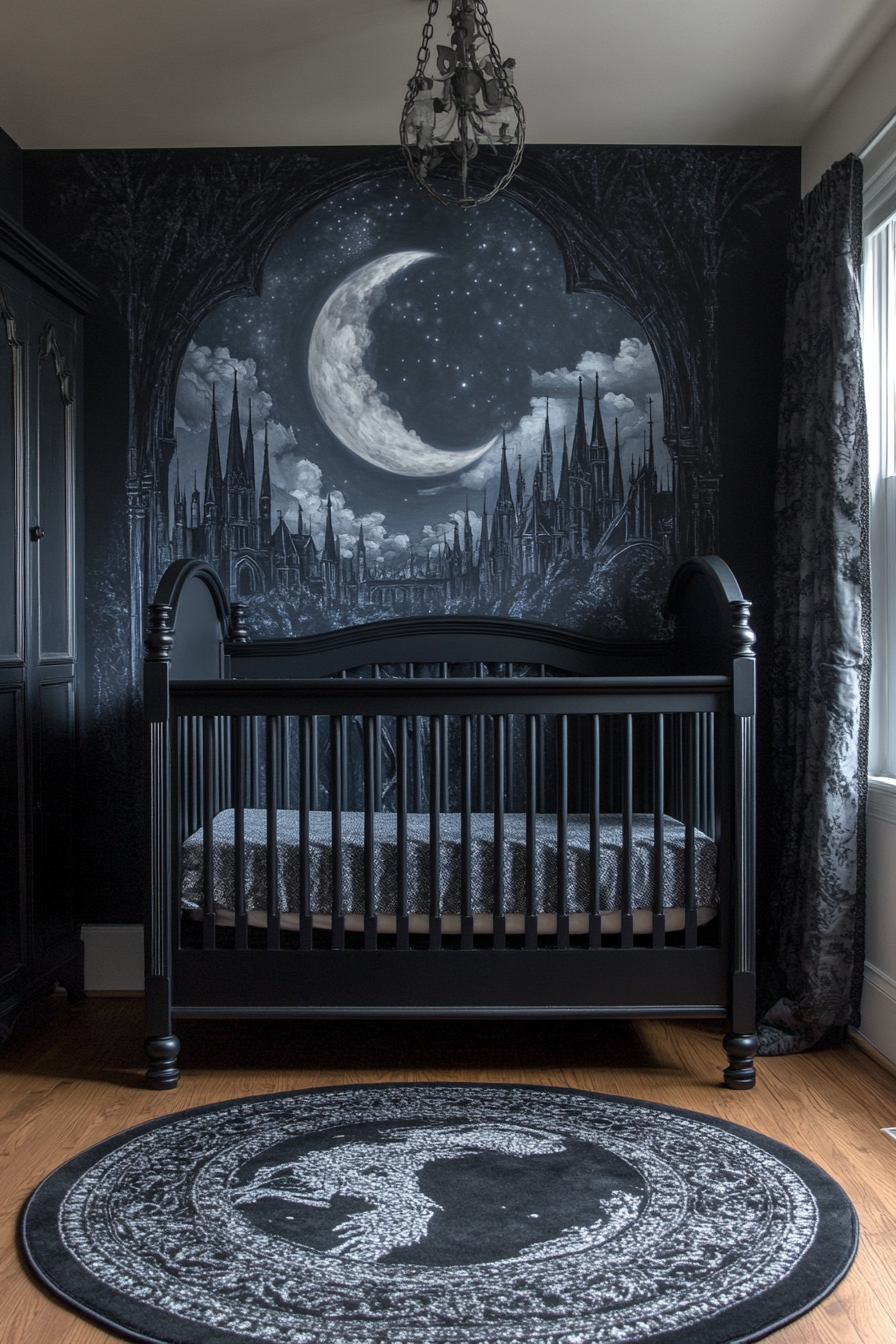 Western Gothic nursery with Midnight Murals theme, black crib.