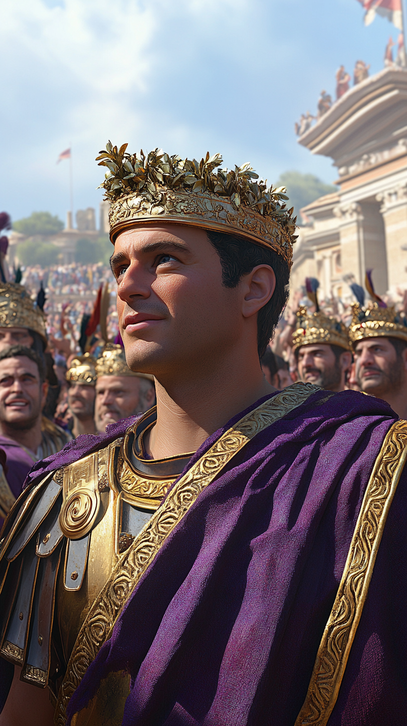 Western Roman rulers in triumphal parade, golden laurel crowns.