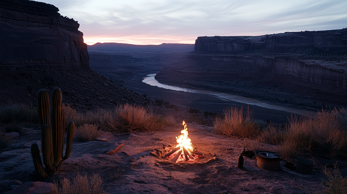 Western campfire scene at dawn, with cactus and lantern.