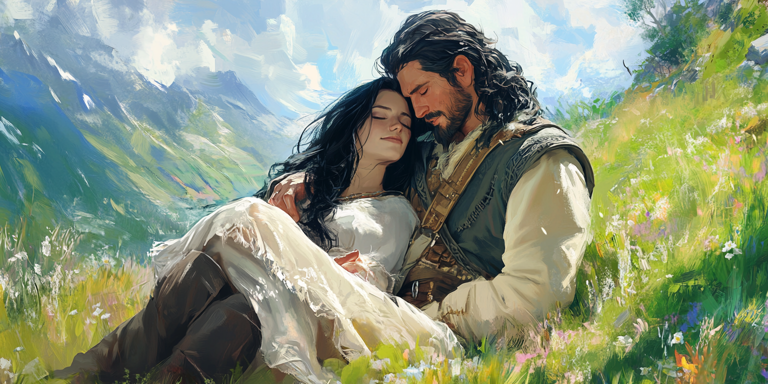 Western man with viking ancestry and Caucasian woman cuddling.