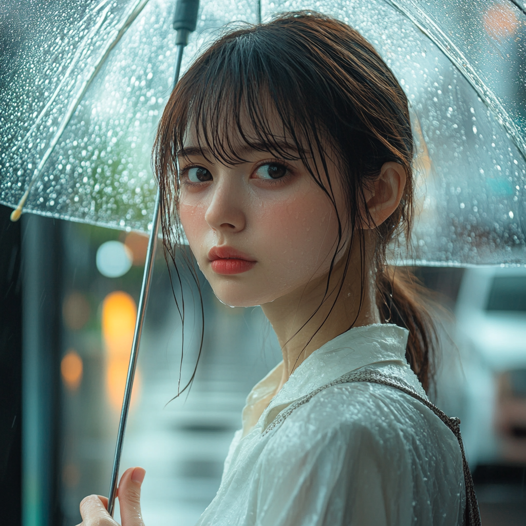 Wet Japanese woman in Tokyo's busy morning rain