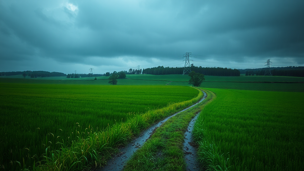 Wet field with a trail, rainy scenery.