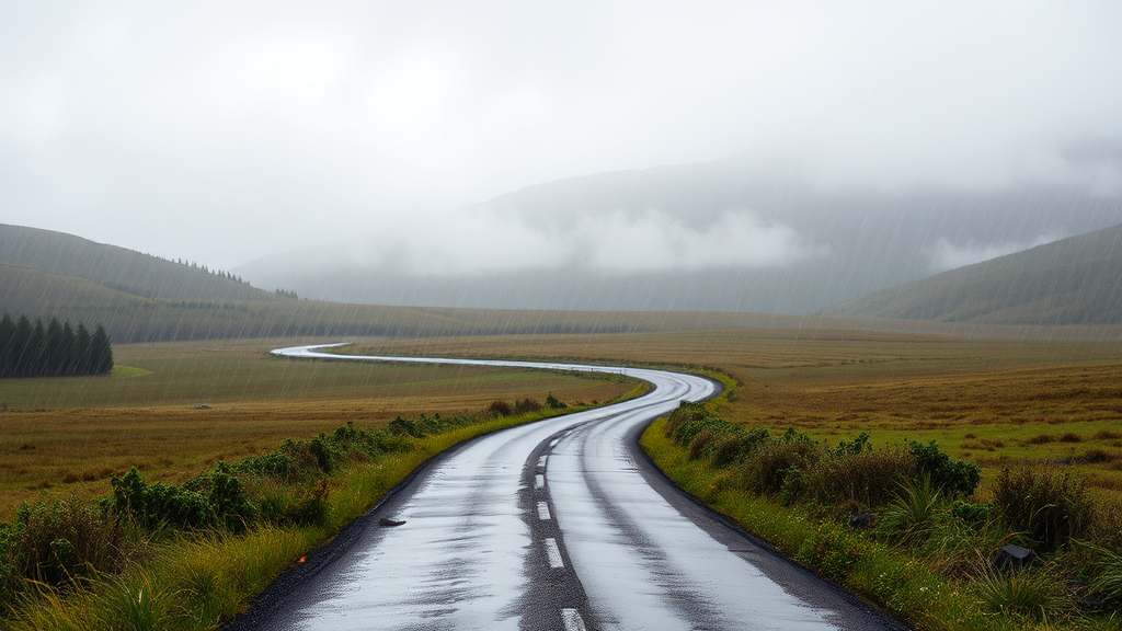 Wet road cutting through rainy nature scenery.