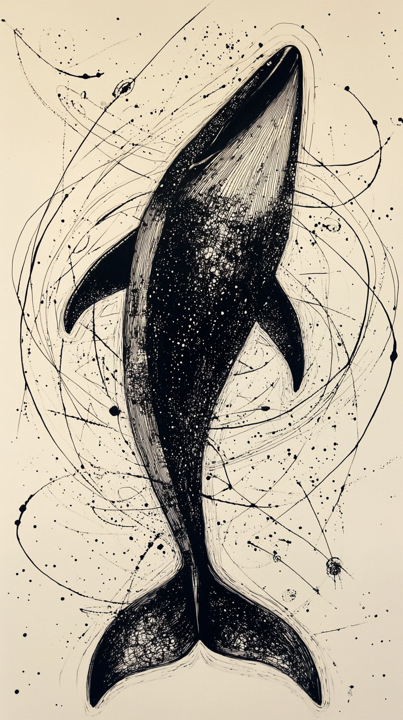 Whale drawn in abstract style with black ink.