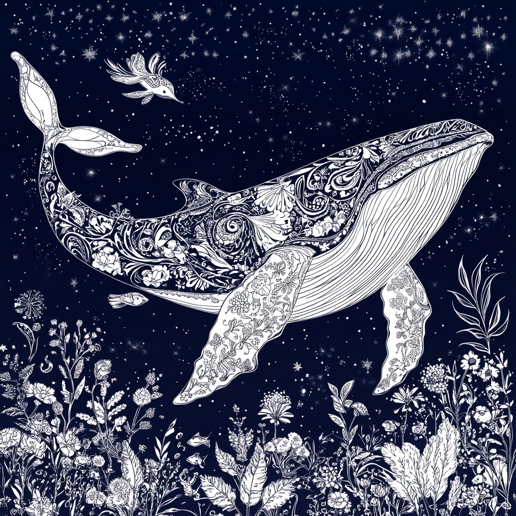 Whale in Starry Night: Stylized Fantasy Artwork