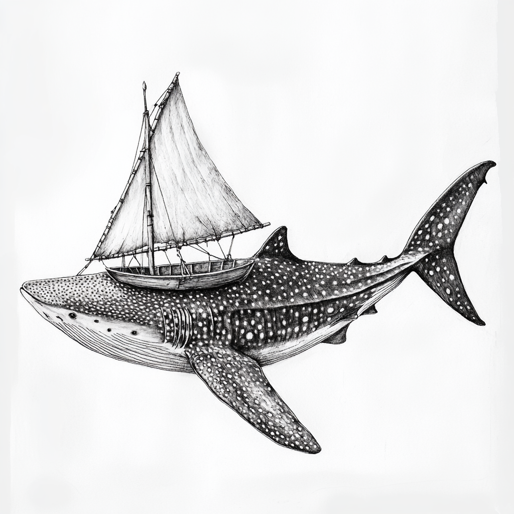 Whale shark with boat sail on its back.