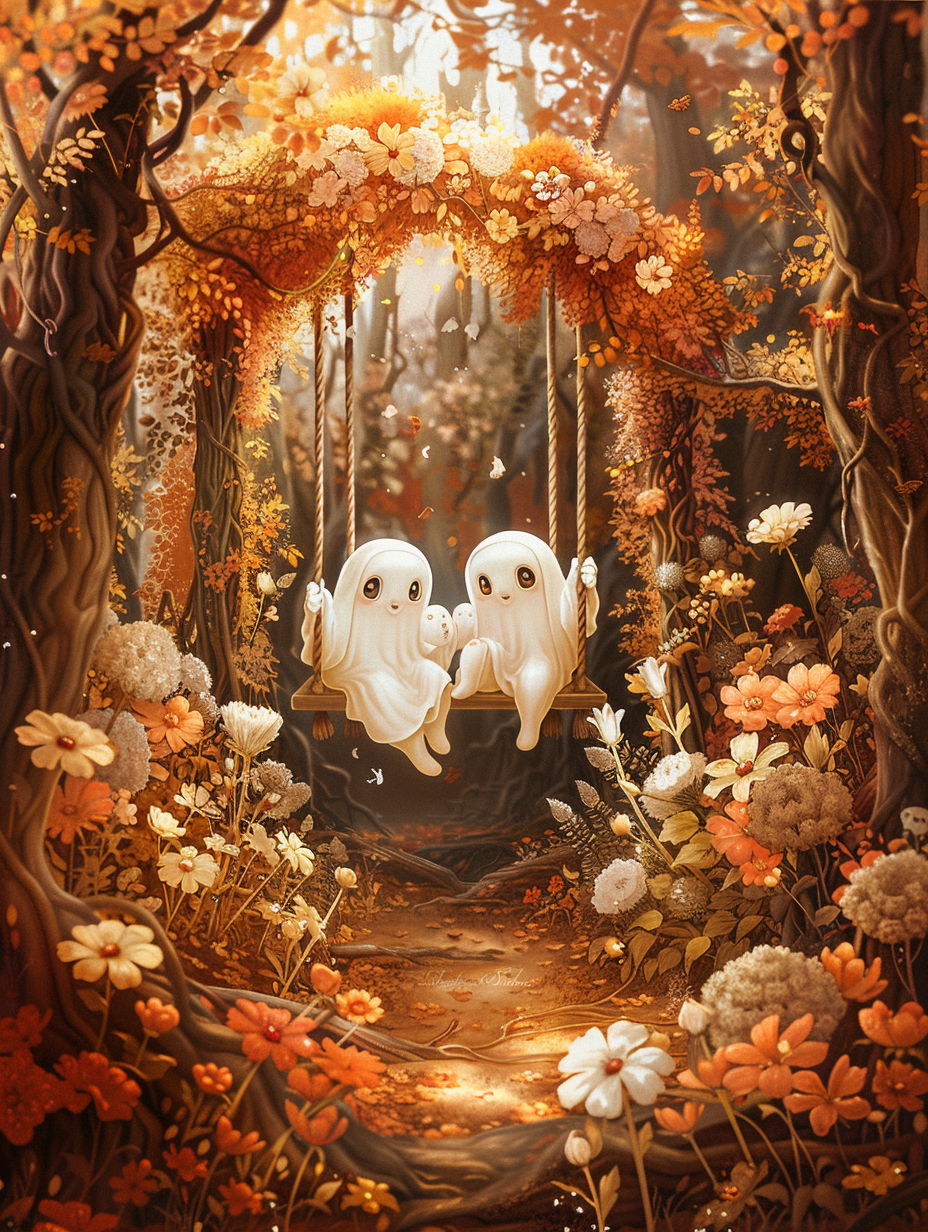 Whimsical Cute Ghosts on Swing in Enchanted Forest