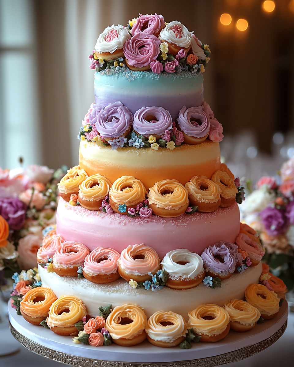 Whimsical Donut Wedding Cake at Birthday Banquet Hall