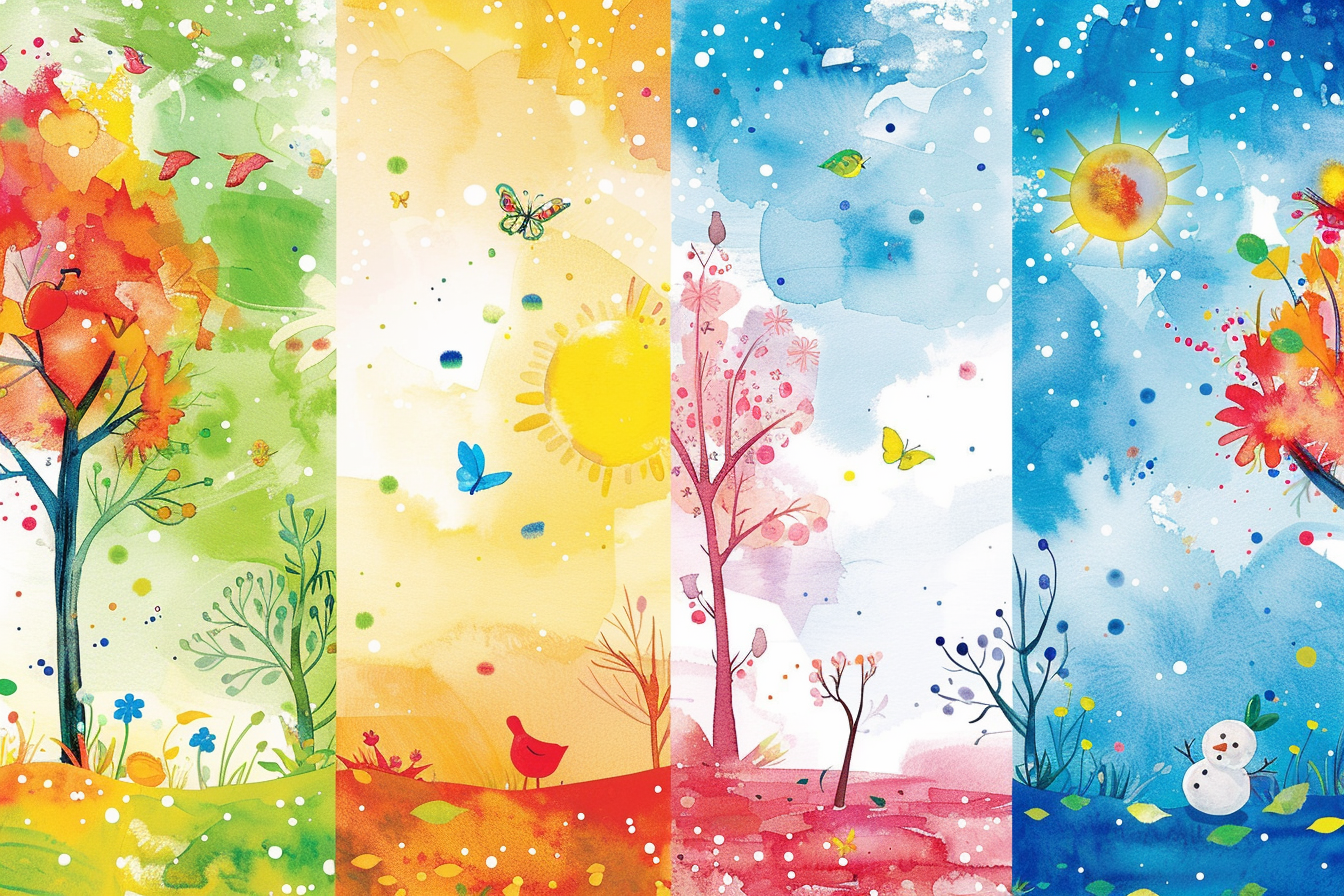 Whimsical Four Seasons Watercolor Illustration for Children