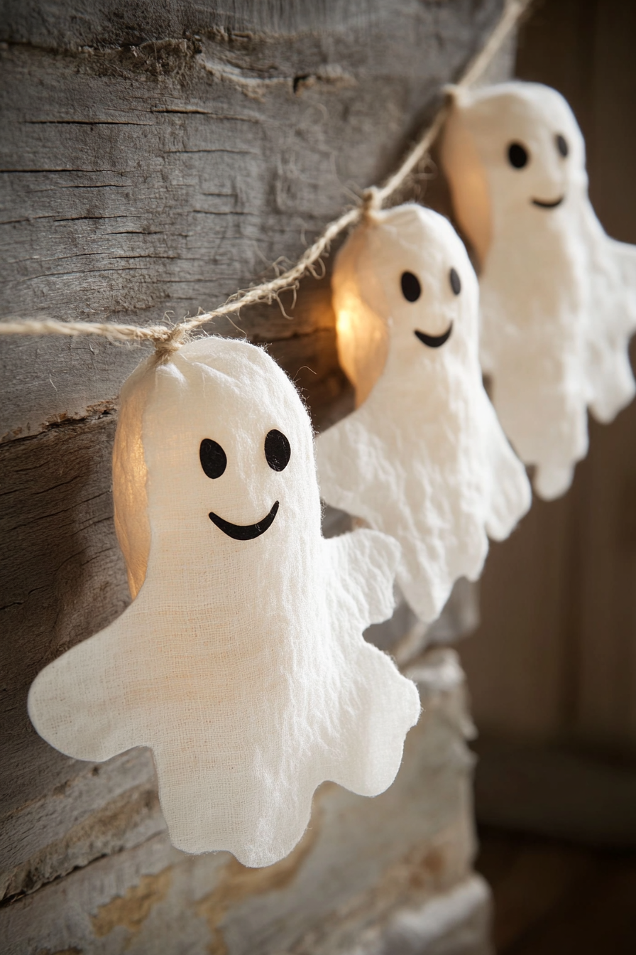 Whimsical Ghost Garland Decorated Space with Cute Ghost Cutouts