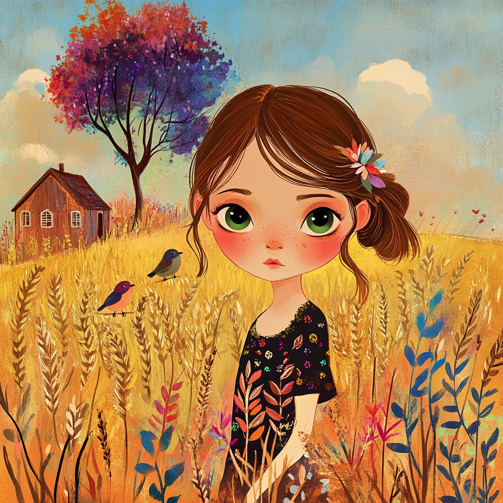 Whimsical Girl Picking Wheat in Country Sunset