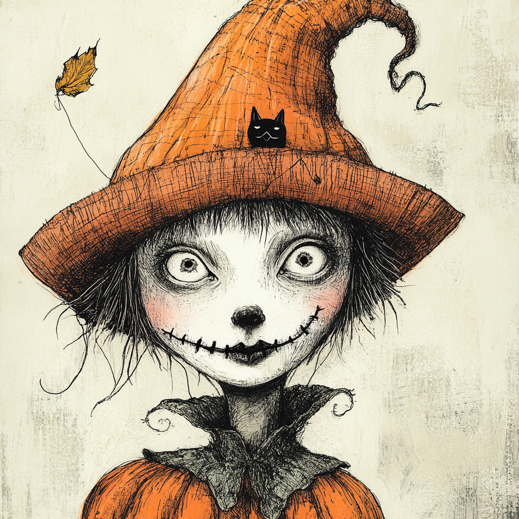 Whimsical Halloween character portrait with pumpkin hat