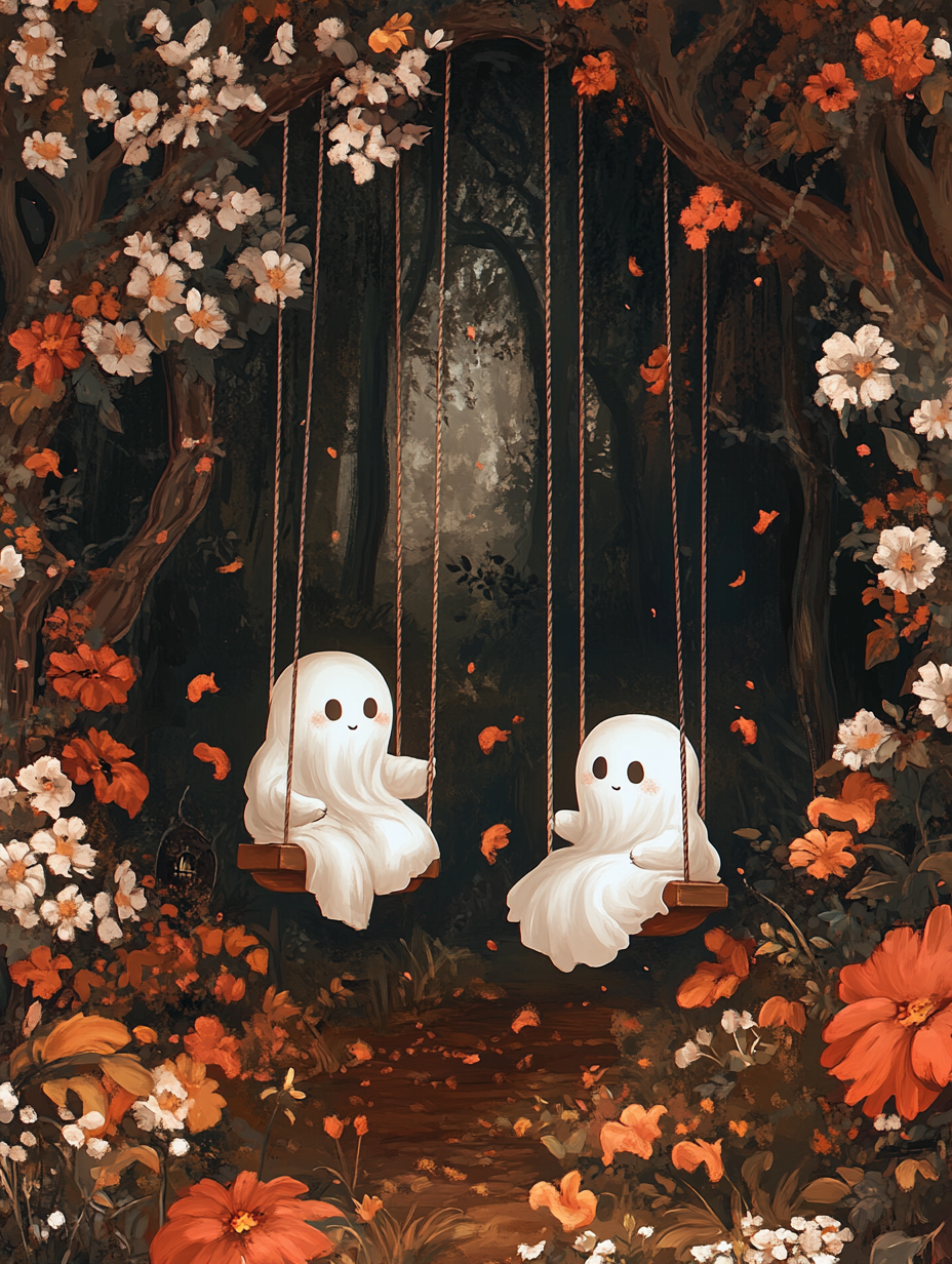 Whimsical Illustration: White Ghosts on Swing in Enchanted Forest