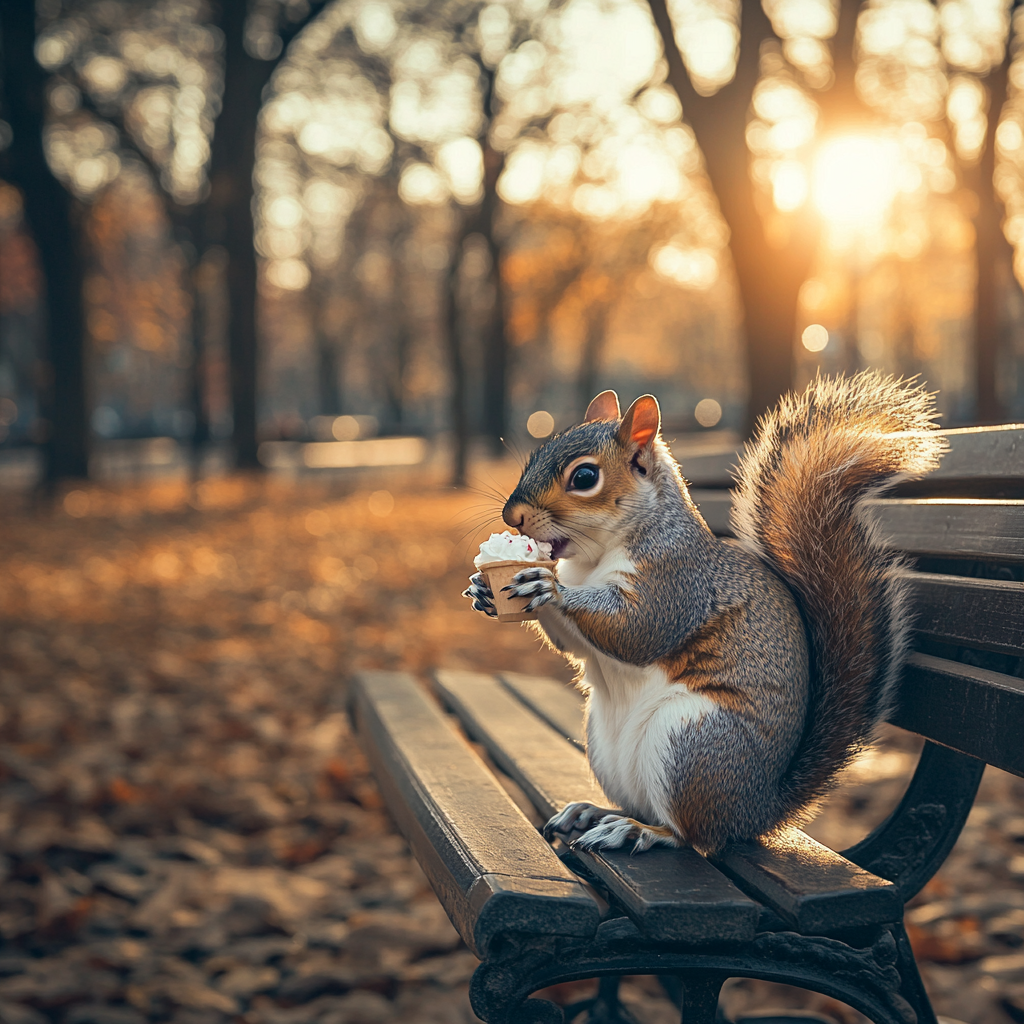 Whimsical Squirrel Eating Ice Cream in Park