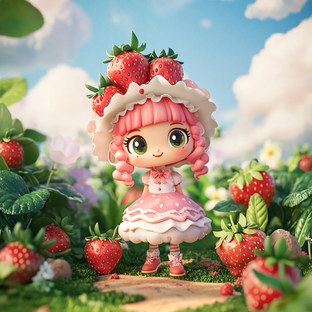 Whimsical Strawberry Shortcake character in colorful garden setting.