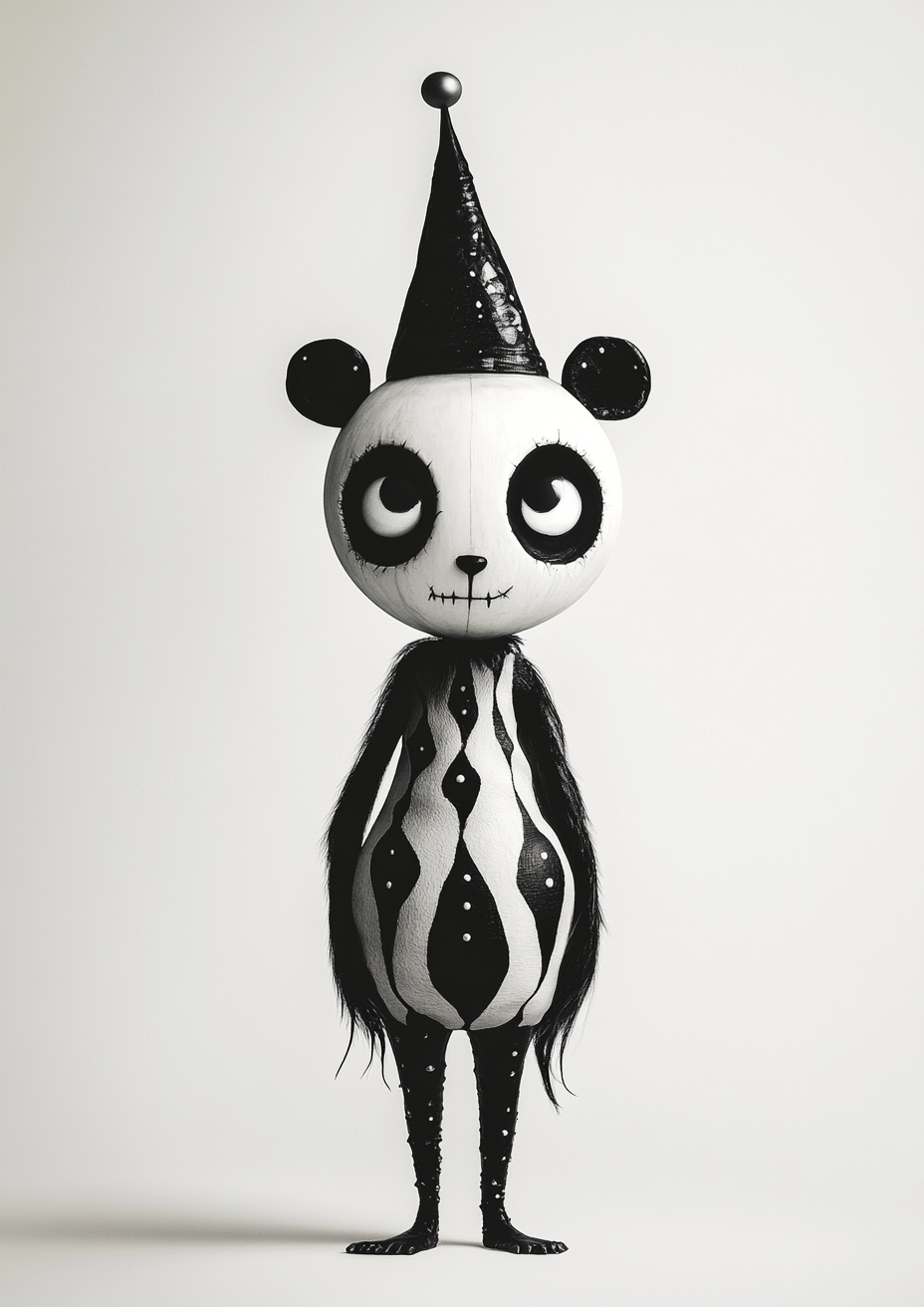 Whimsical Tim Burton-Inspired Monocular Panda Artwork