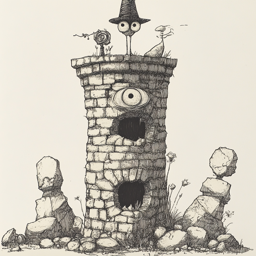 Whimsical Tower: Edward Gorey-inspired Illustration