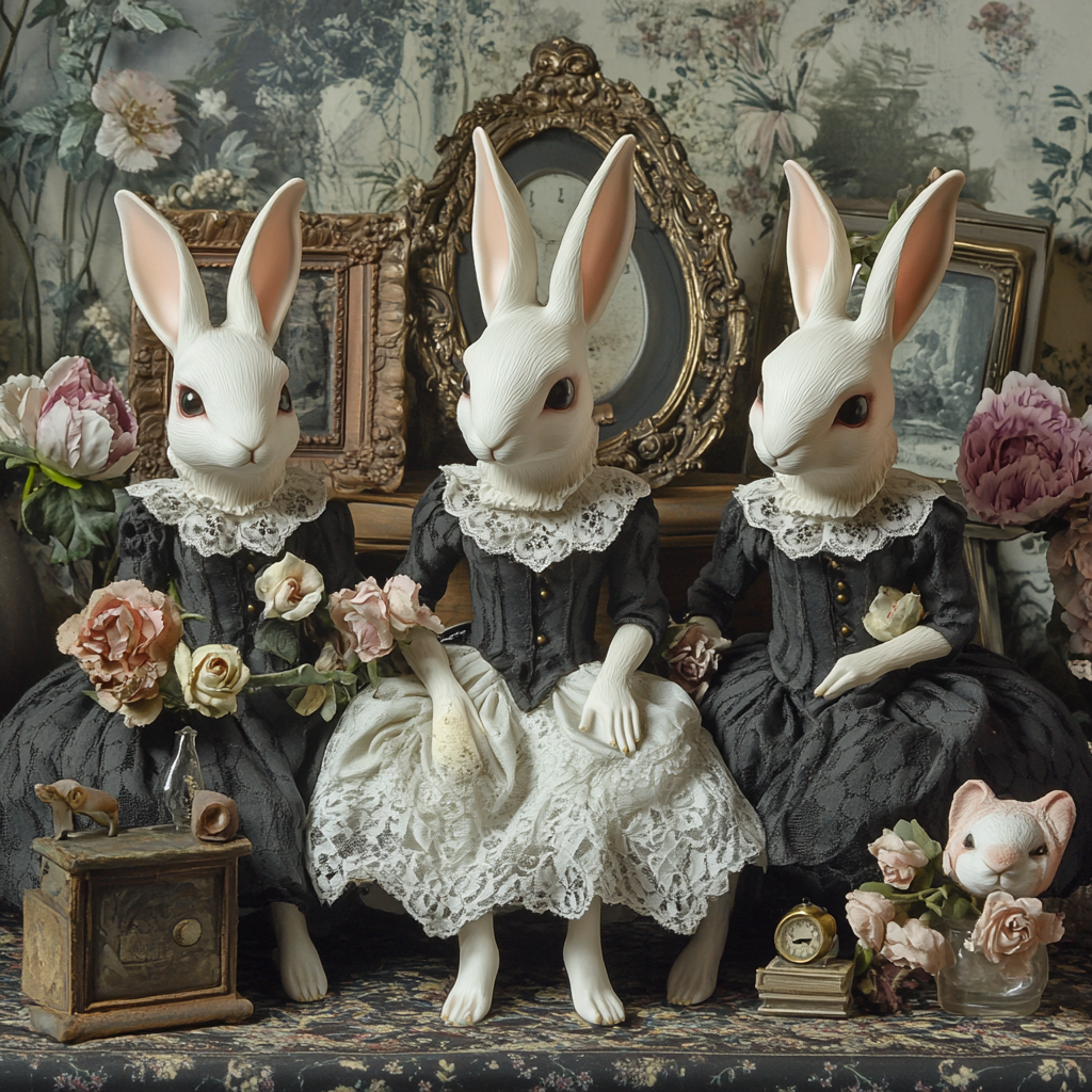 Whimsical Victorian Rabbit Figure Set with Enchanted Background