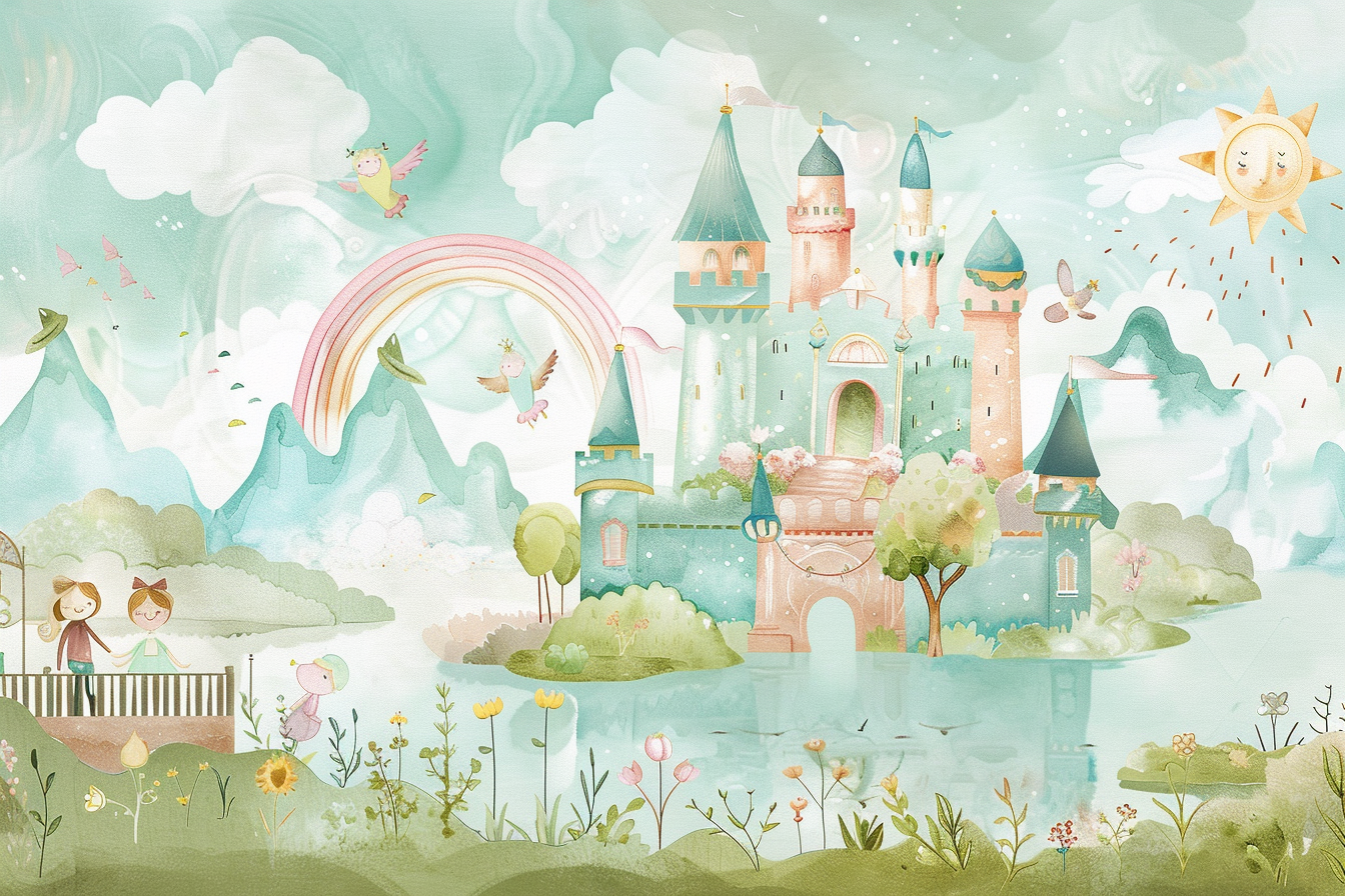 Whimsical Watercolor Mural: Magical Castle and Floating Islands