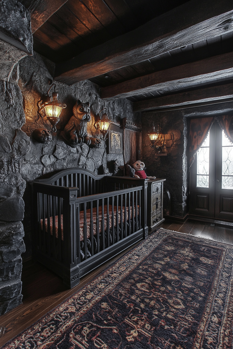 Whimsical Western Gothic nursery with playful gargoyle statues.