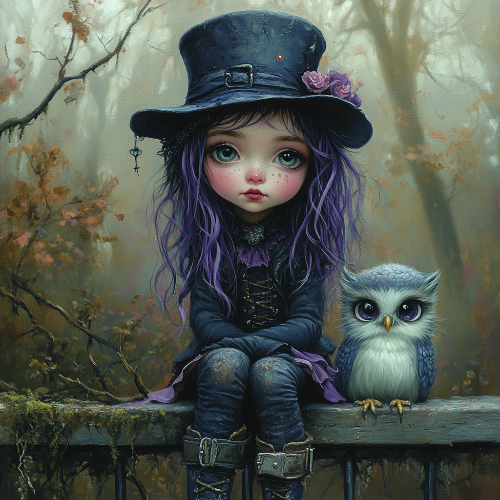 Whimsical art scene with cute girl and fluffy owl.