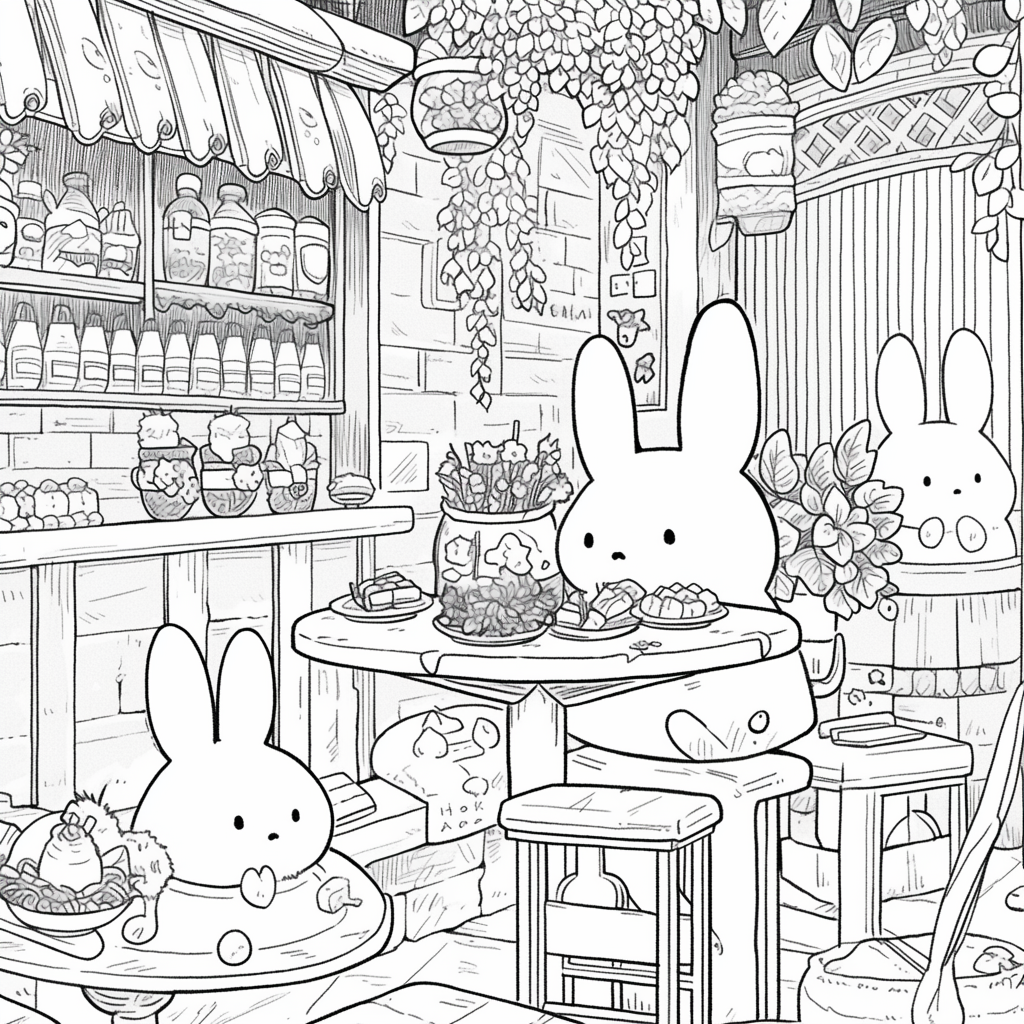 Whimsical bunnies work in detailed magic cafe setting.