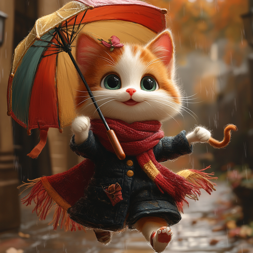 Whimsical calico cat with rainbow umbrella in 3D cartoon style