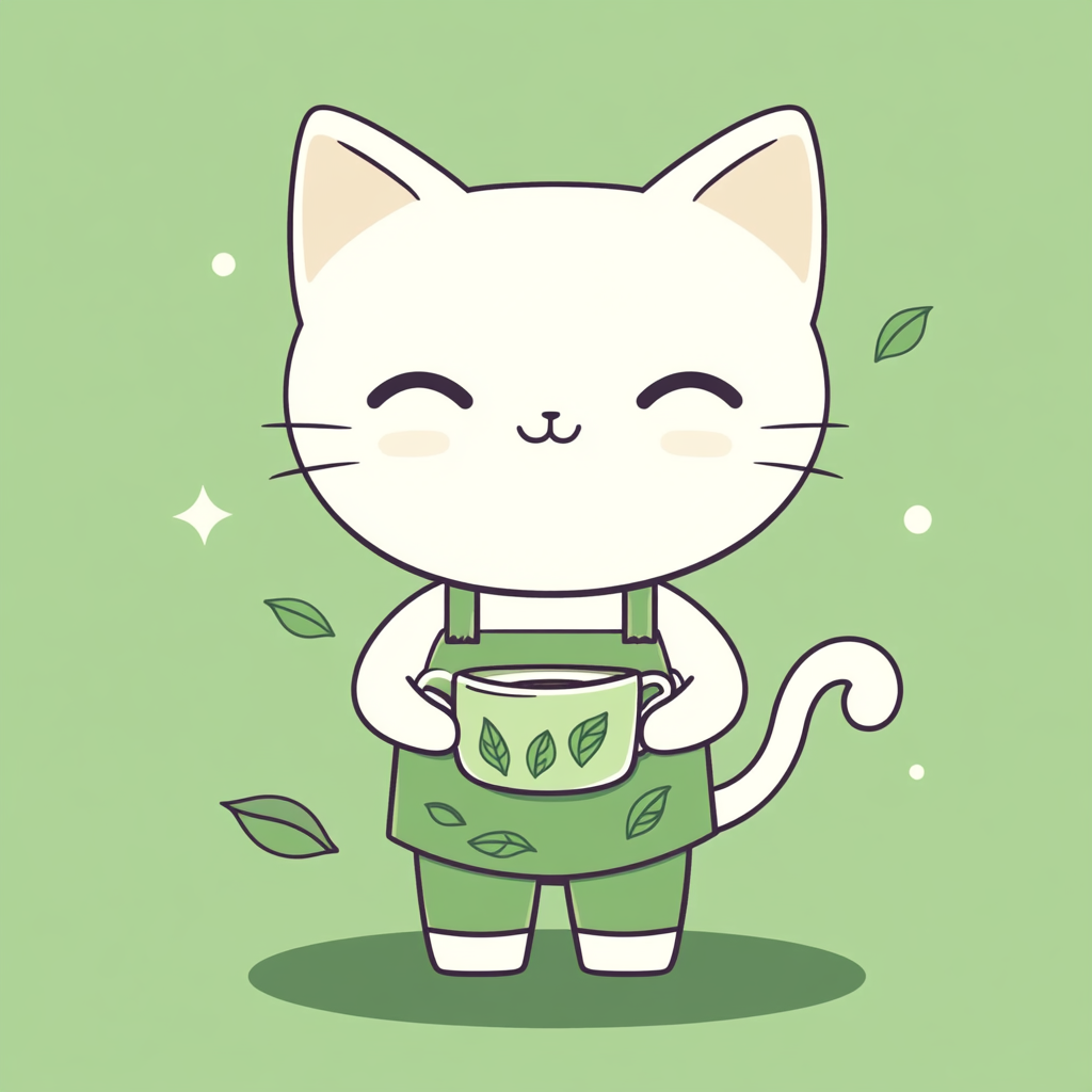 Whimsical cat barista with tea leaves face design