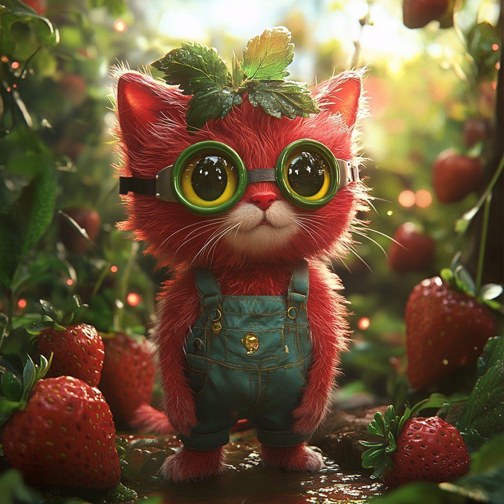 Whimsical cat blending with strawberry in magical garden.