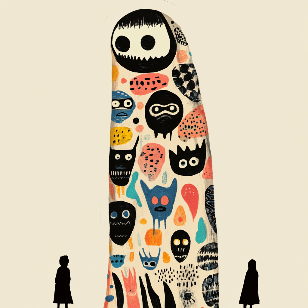 Whimsical character in eerie, patterned garment with surrealism.