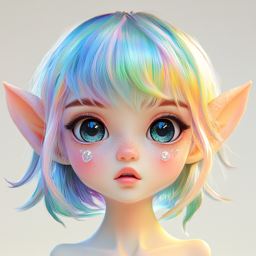 Whimsical character with oversized doll-like head and rainbow hair.