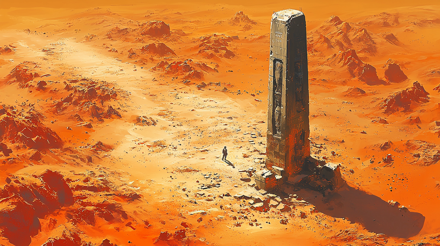 Whimsical cosmonaut explores ancient Martian pillar in solitude.