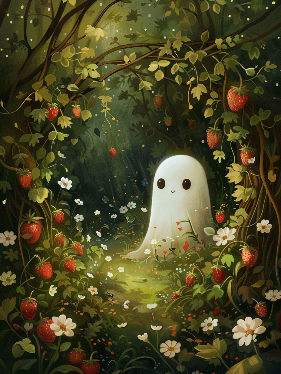 Whimsical cute ghost in strawberry field with enchanted forest