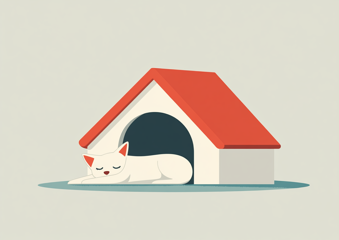 Whimsical dog hut, cute puppy, flat vector illustration.