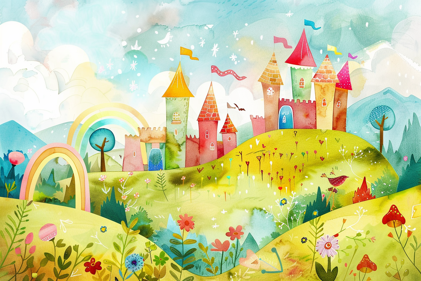 Whimsical fairytale castle in vibrant watercolor illustration