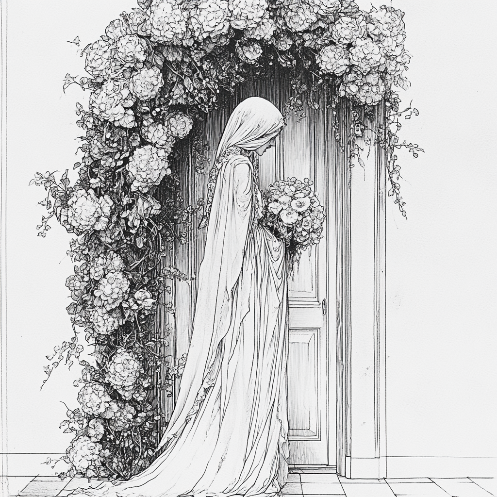 Whimsical figure in white gown under floral arch