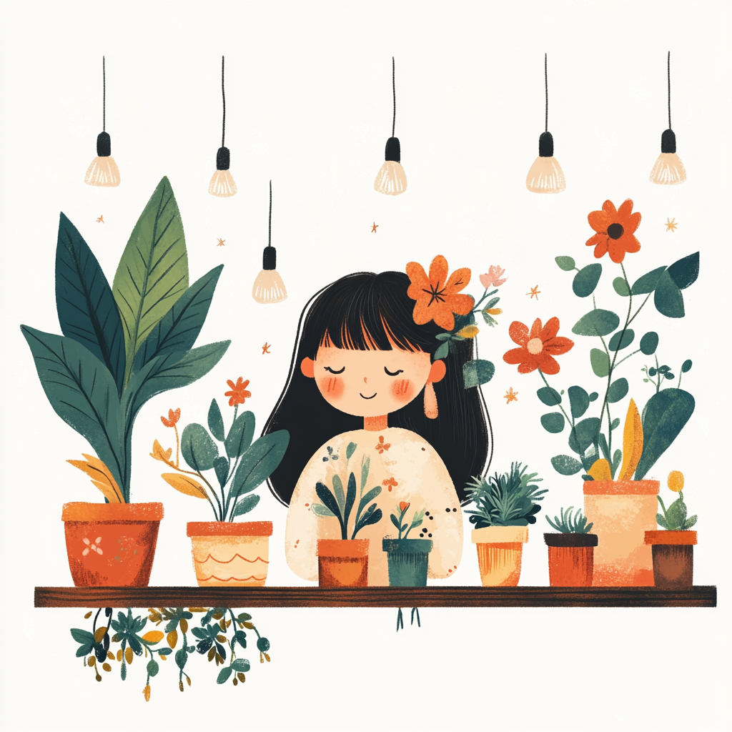 Whimsical flowers and plants on shelf, cozy background.