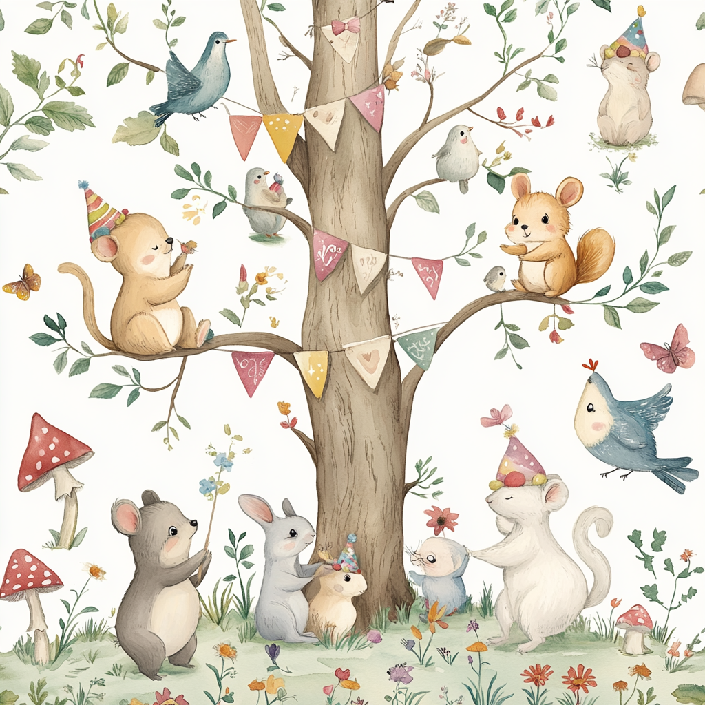 Whimsical forest scene with cute animals in party hats.