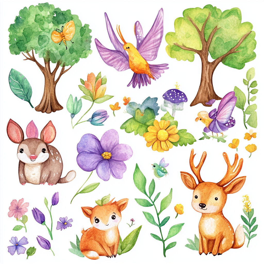 Whimsical forest with animals, fairies, dragonflies, trees, flowers.