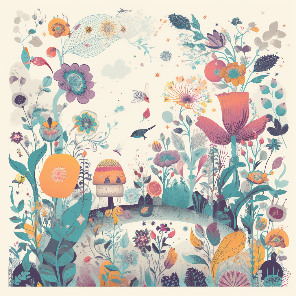 Whimsical garden with oversized flowers and fantastical creatures.