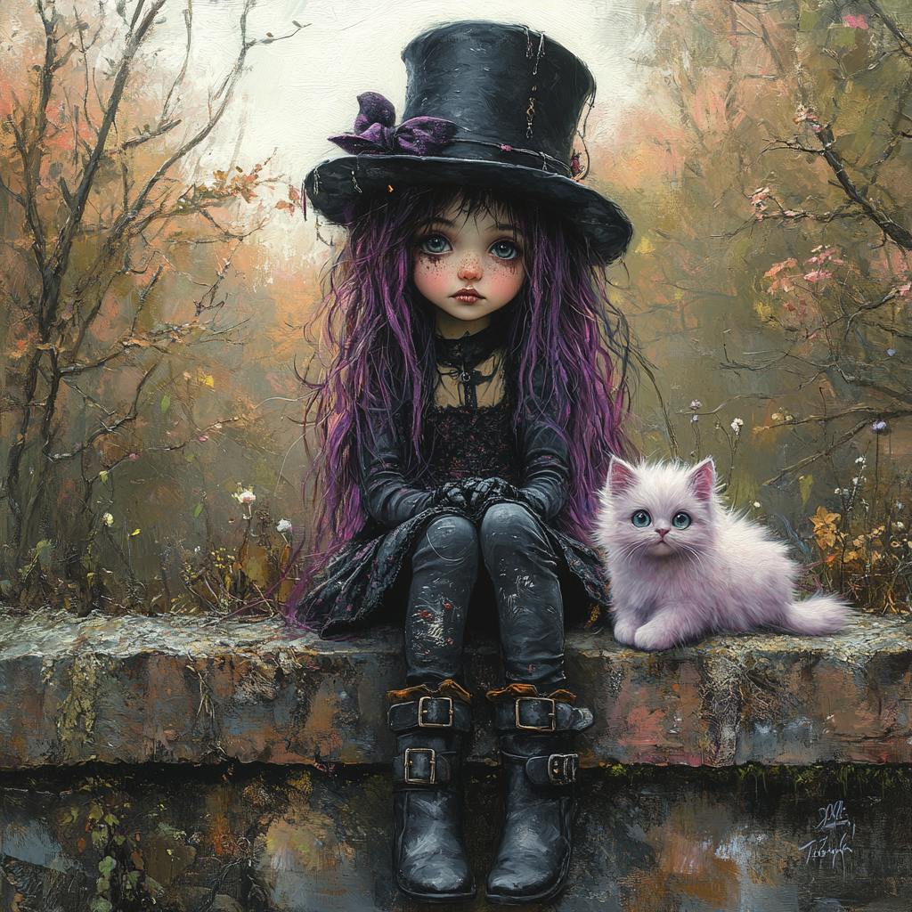 Whimsical girl with cat in gothic-style enchanted forest.