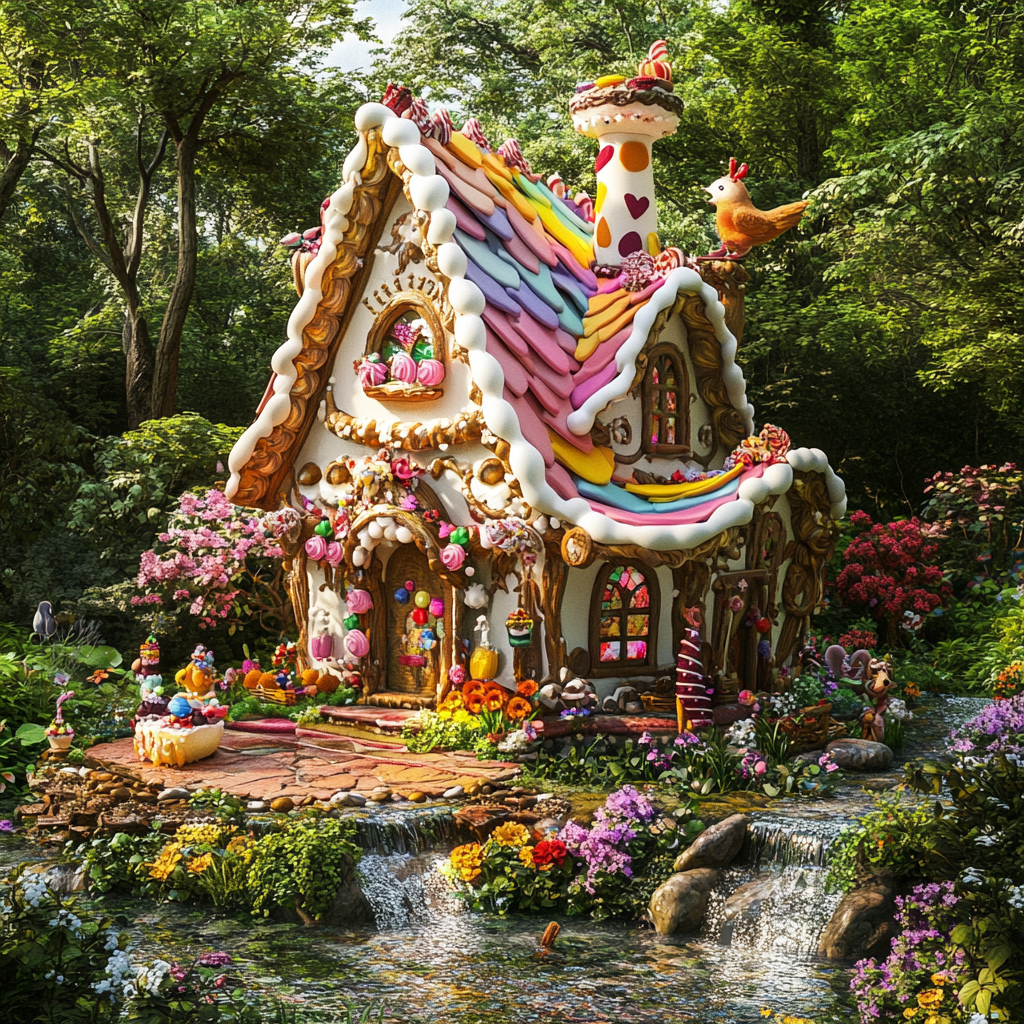 Whimsical pastry house in lush natural setting, magical atmosphere.